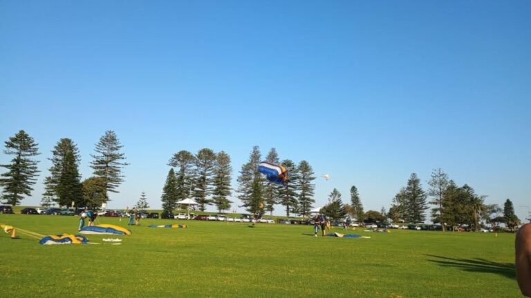 A group of skydiving students in a field with parachutes attached, learning how to leap safely. This scene highlights the importance of preparation and guidance, mirroring the mentoring process where individuals receive the support and knowledge needed to flourish in both personal and professional endeavors. Symbolizes the role of a mentor in helping others take confident, well-prepared leaps in life.