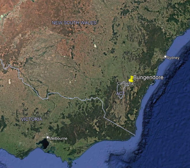 Map showing where Bungendore is in relation to the rest of Melbourne and Sydney. Tanglewood's permaculture internship is hosted on the farm in south east coast of